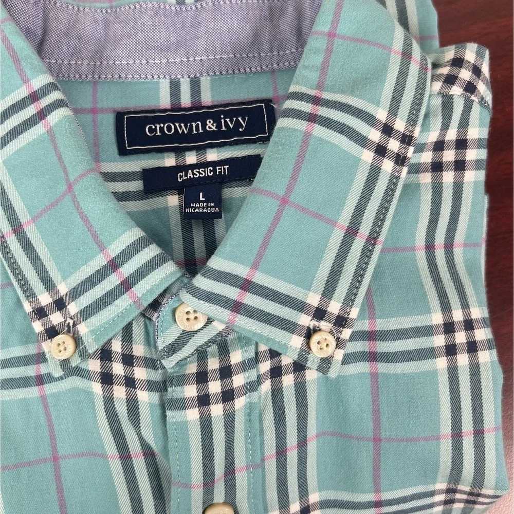 Crown & Ivy Mens Classic Fit Plaid Button Down Shirt Teal Large Long‎ Sleeve
